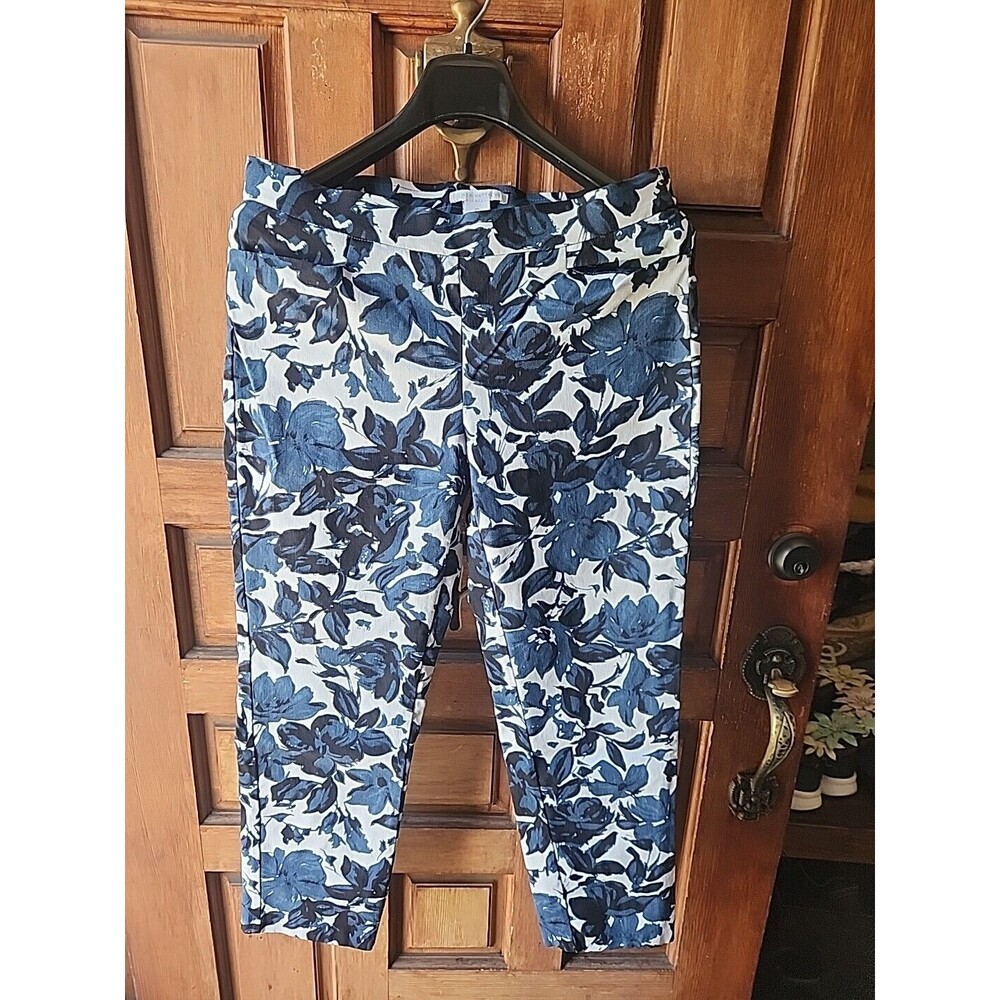 Linda Matthews Pull On Ankle  Pants  Size 12   Floral Dark Blue Print